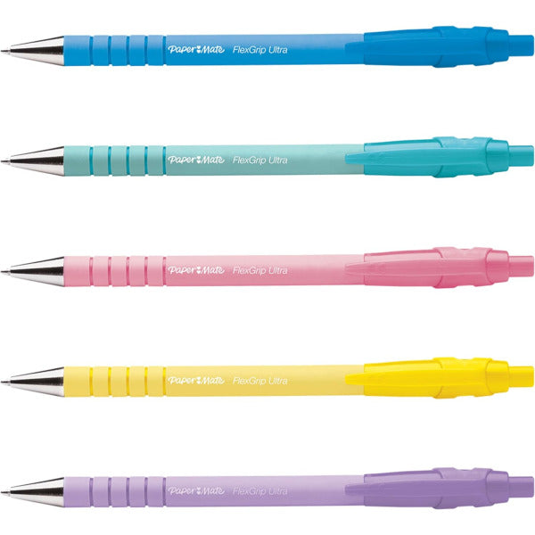 Paper Mate FlexGrip Ultra Pastel Ballpoint Pens, Medium 1.0mm Tip, Black Ink, Pack of 5 (21529344)
