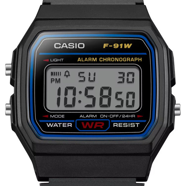 Casio F-91W Digital Watch Black Resin Strap Alarm Stopwatch LED - F-91W-1YER