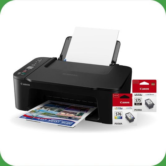 Canon printer with printed document and ink cartridges on a white background