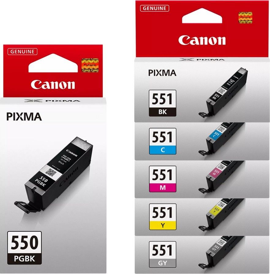 Canon PGI-550 Black and CLI-551 Black Cyan Magenta Yellow Grey Ink Cartridge Bundle Pack