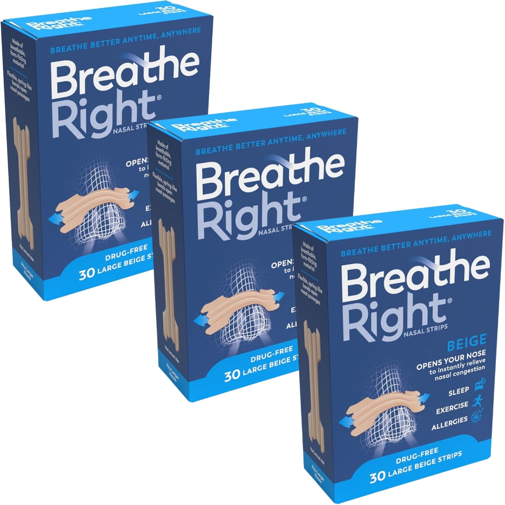 Breathe Right Snoring Congestion Relief Nasal Strips Large Original 30 Strips - 3 Packs