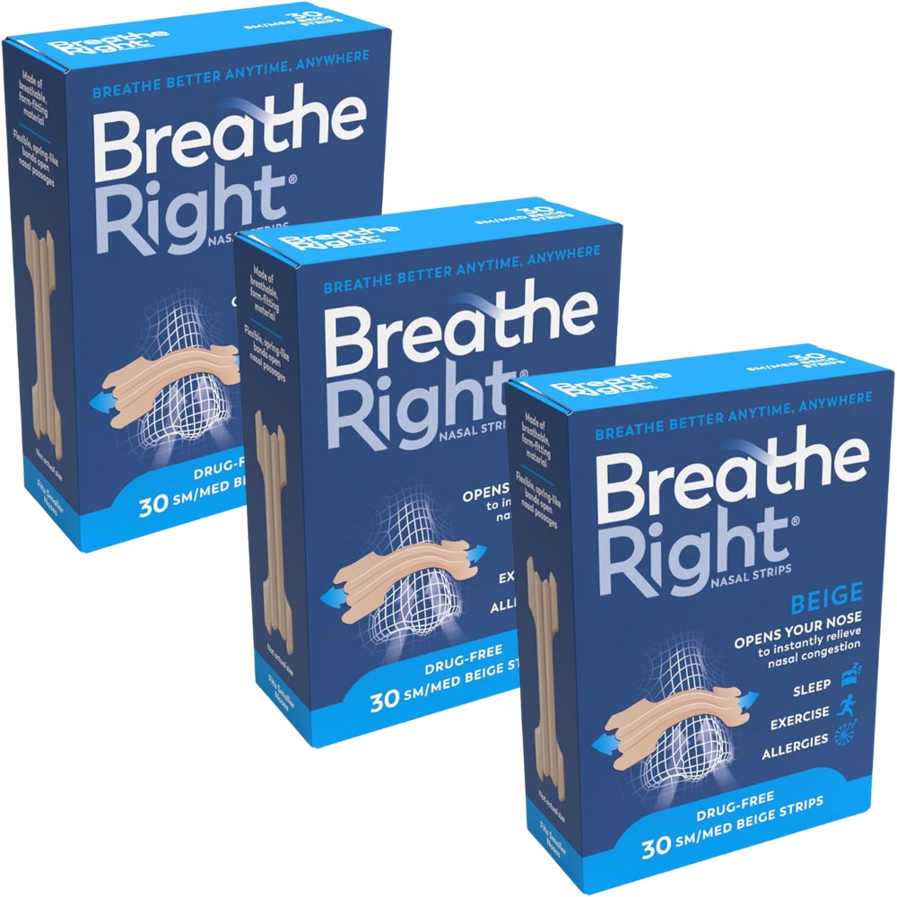 Breathe Right Snoring Congestion Relief Nasal Strips Small/Medium Original 30 Strips - 3 Packs