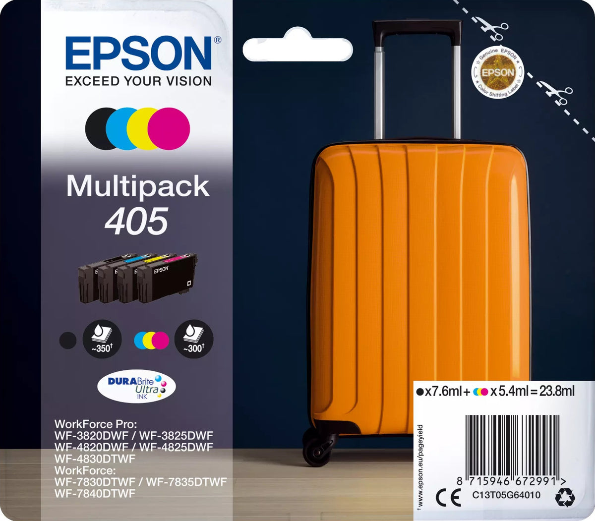 Epson 405 Suitcase Black Cyan Magenta Yellow Ink Cartridge Combo Pack
