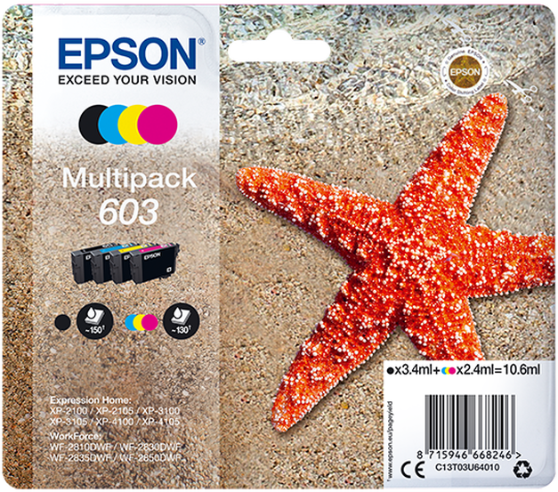 Epson 603 Starfish Black Cyan Magenta Yellow Ink Cartridge Combo Pack