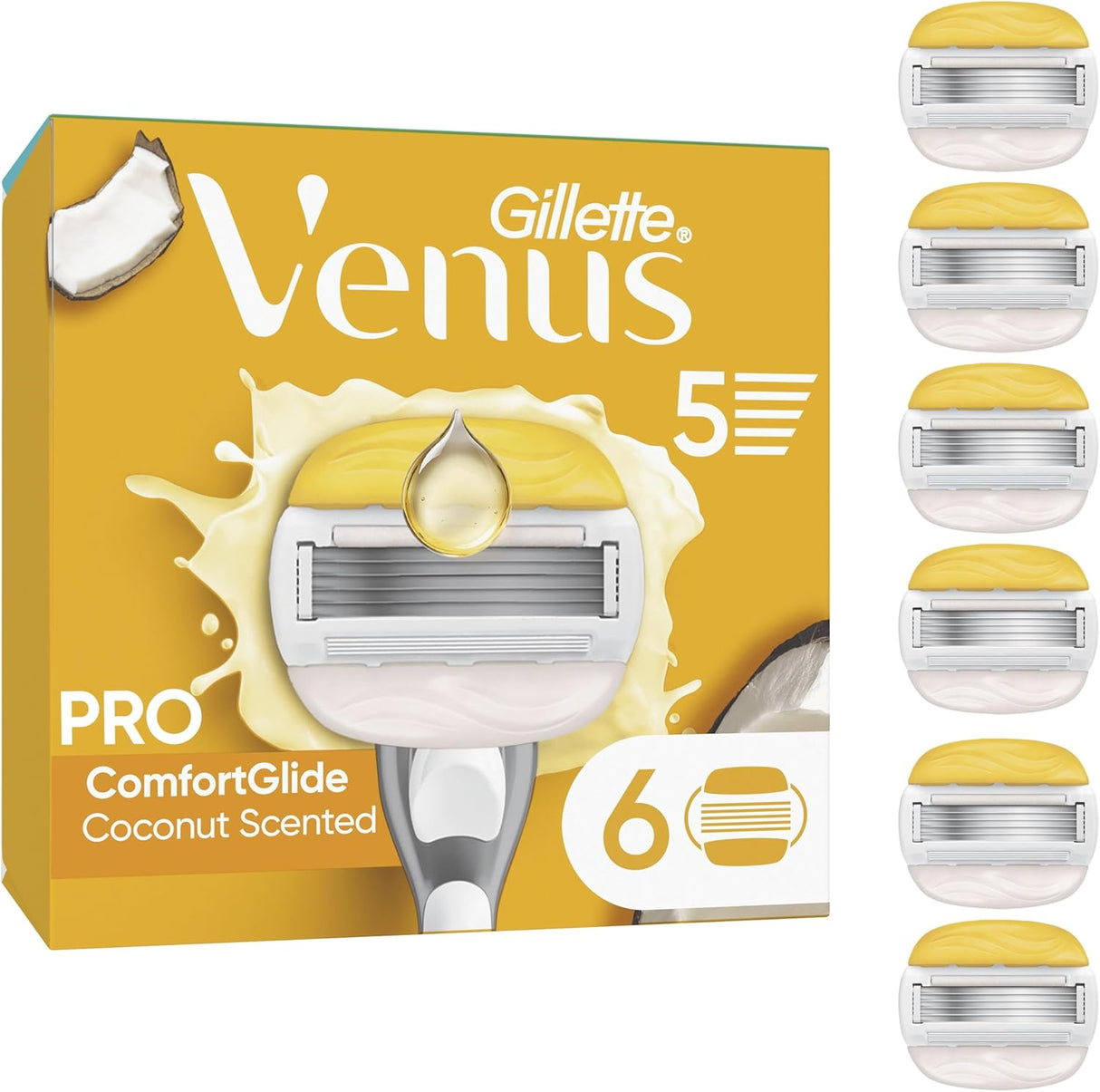 Gillette Venus ComfortGlide Coconut with Olay Razor Blades Women Pack of 6 2-In-1 Razor Blade Refills with Moisture Bars