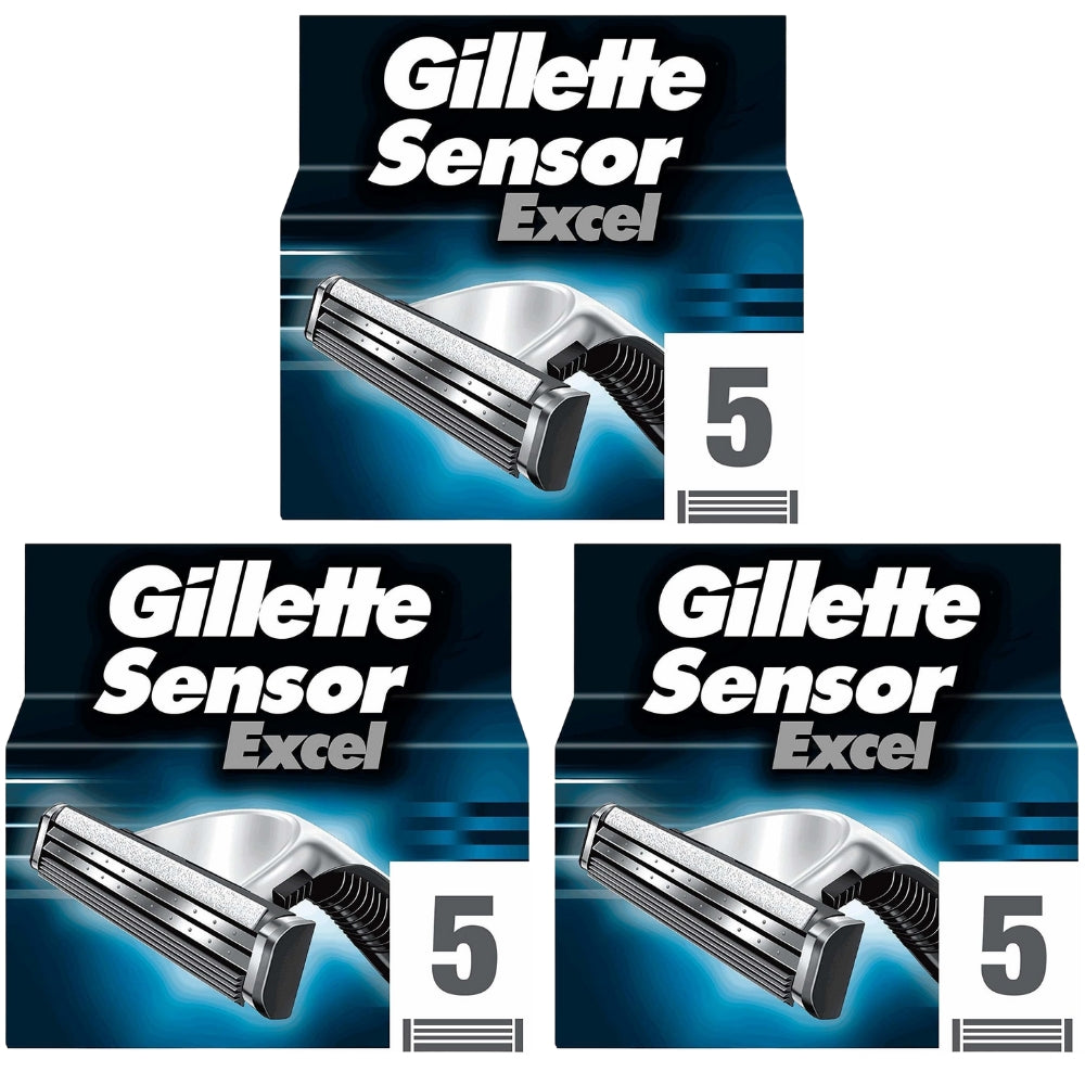 Gillette Sensor Excel Razor Blades - 15 Piece Bundle (3 packs of 5)