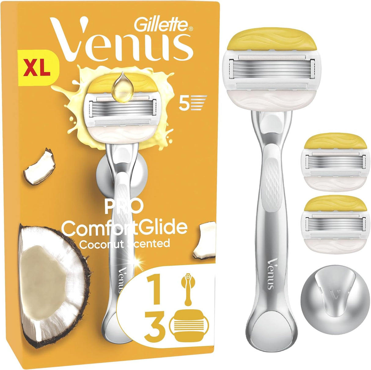 Gillette Venus ComfortGlide Coconut with Olay Women's Razor + 3 Razor Blade Refills, Lubrastrip with A Touch of Vitamin E