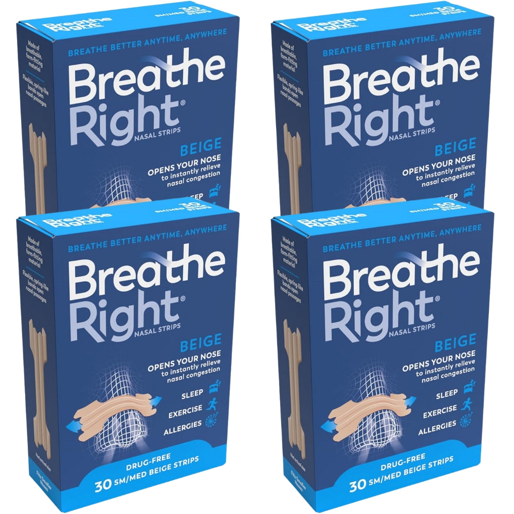 Breathe Right Snoring Congestion Relief Nasal Strips Small/Medium Original 30 Strips - 4 Pack