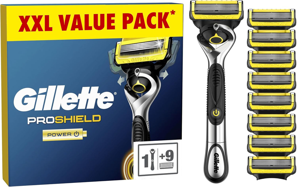 Gillette ProShield Power Men's Razor + 9 Razor Blade Refills with Precision Trimmer, 5 Anti-Friction Razor Blades