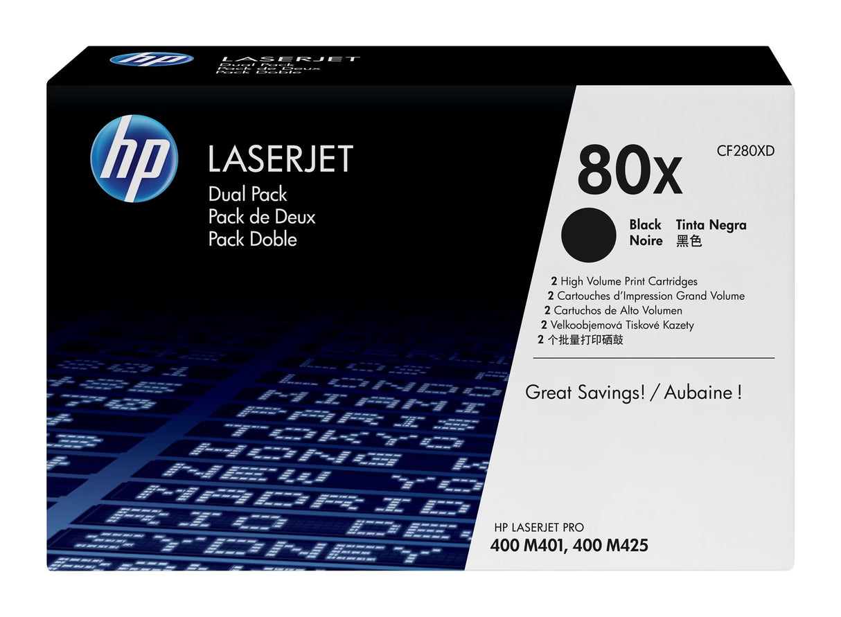 HP 80X 2-Pack High Yield Black Original LaserJet Toner Cartridges - CF280XD