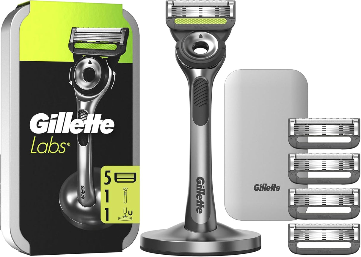 Gillette Labs Razor with Exfoliating Bar – Magnetic Stand, Travel Case and 4 Blade Refills