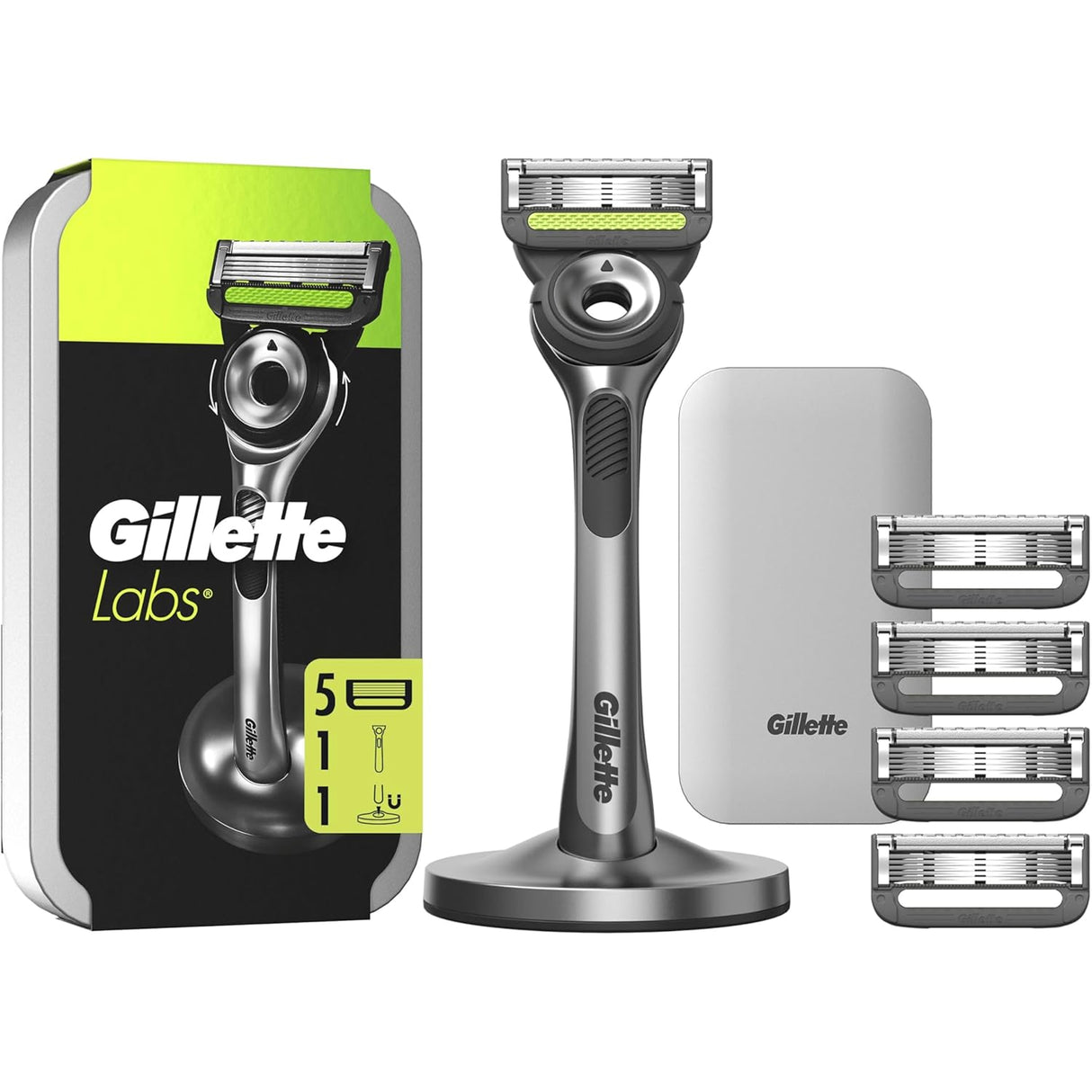 Gillette Labs Razor with Exfoliating Bar – Magnetic Stand, Travel Case and 4 Blade Refills