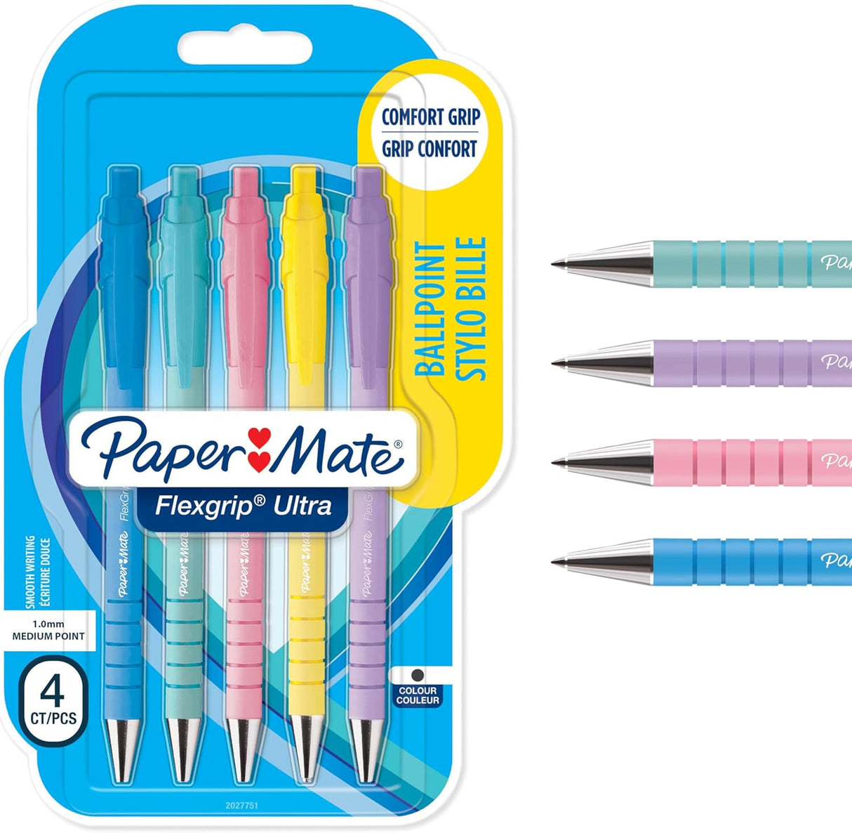 Paper Mate FlexGrip Ultra Pastel Ballpoint Pens, Medium 1.0mm Tip, Black Ink, Pack of 5 (21529344)