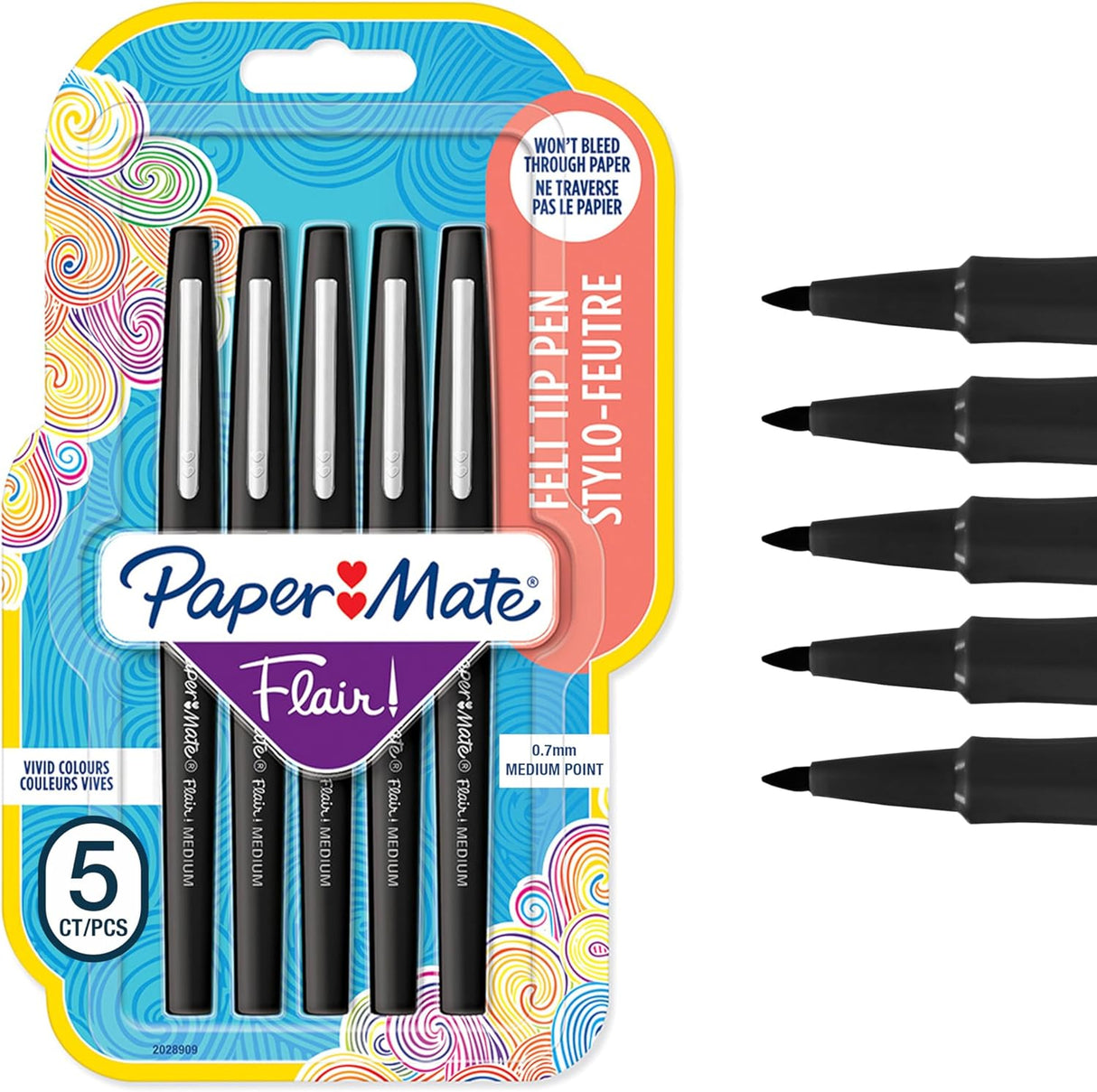 Paper Mate Flair Fibre Tip Pens, Medium 0.7mm, Black Ink, Pack of 5 (20289096)