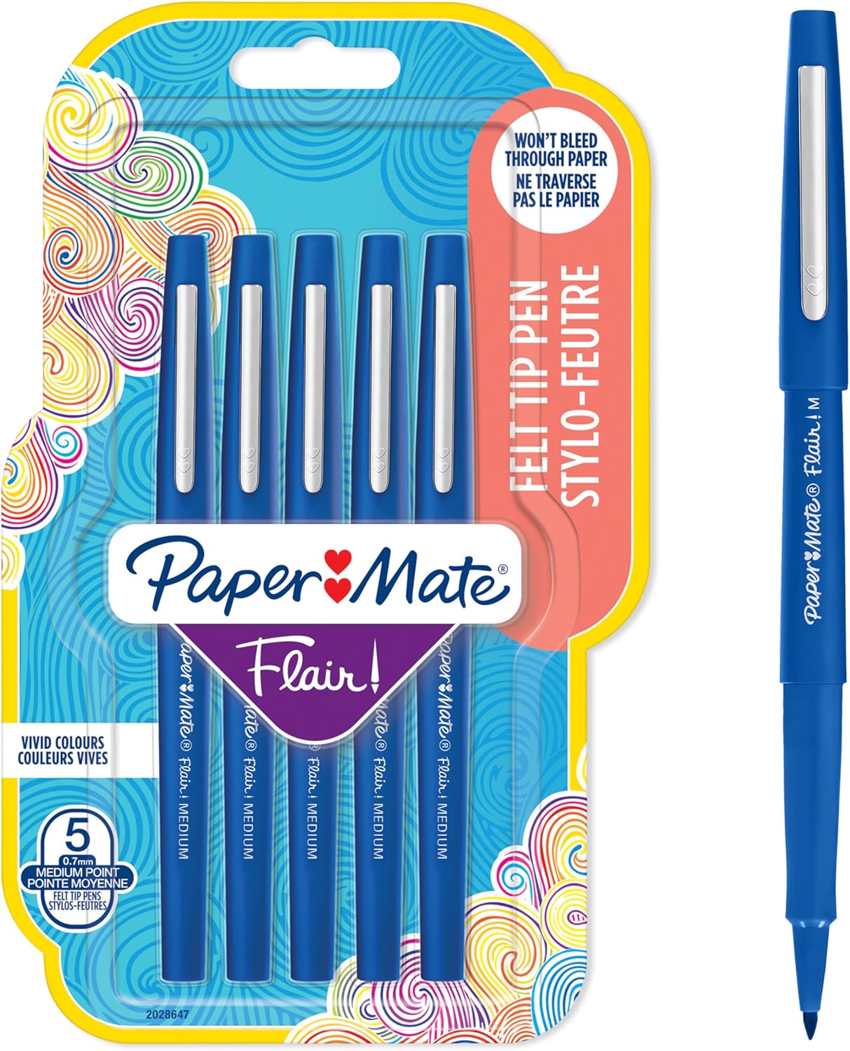 Paper Mate Flair Fibre Tip Pens, Medium 0.7mm, Blue Ink, Pack of 5 (20286477)
