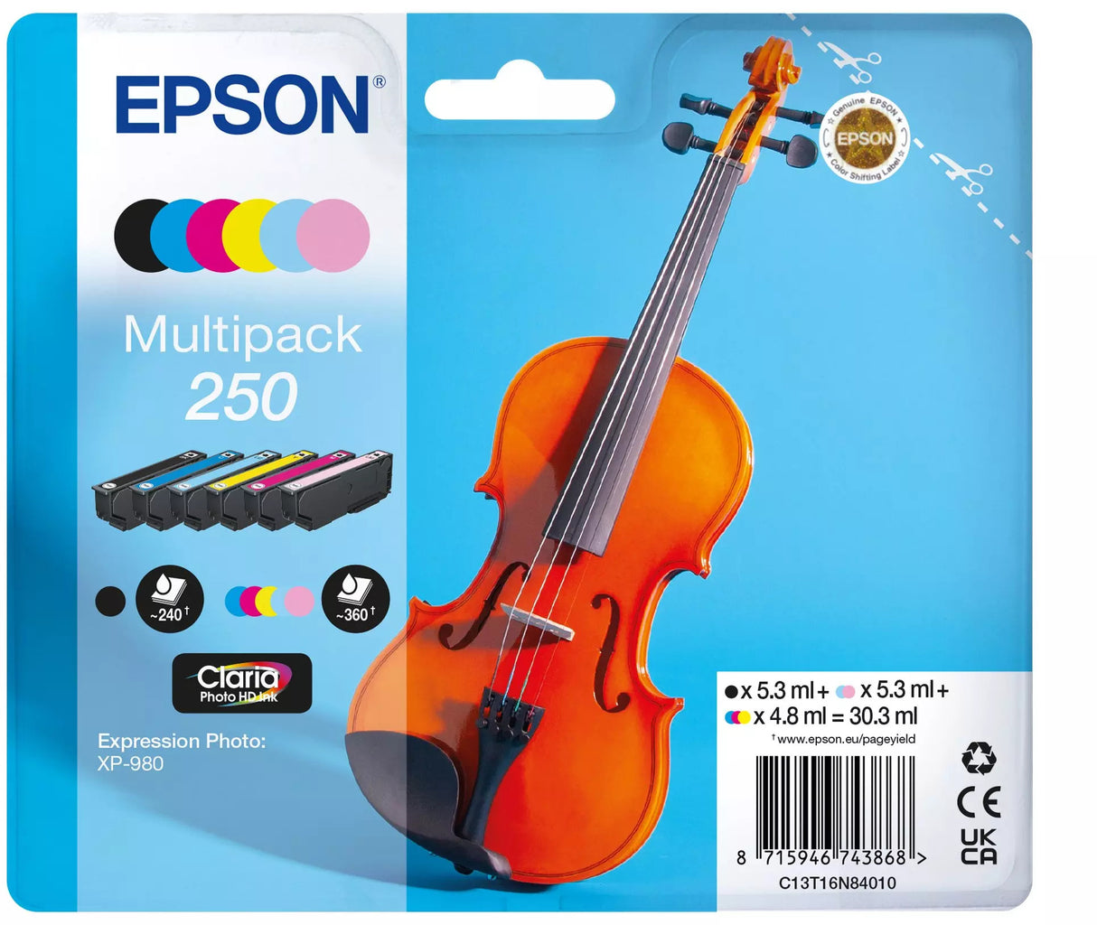 Epson 250 Violin Black Cyan Magenta Yellow Light Cyan Light Magenta Ink Cartridge Combo Pack