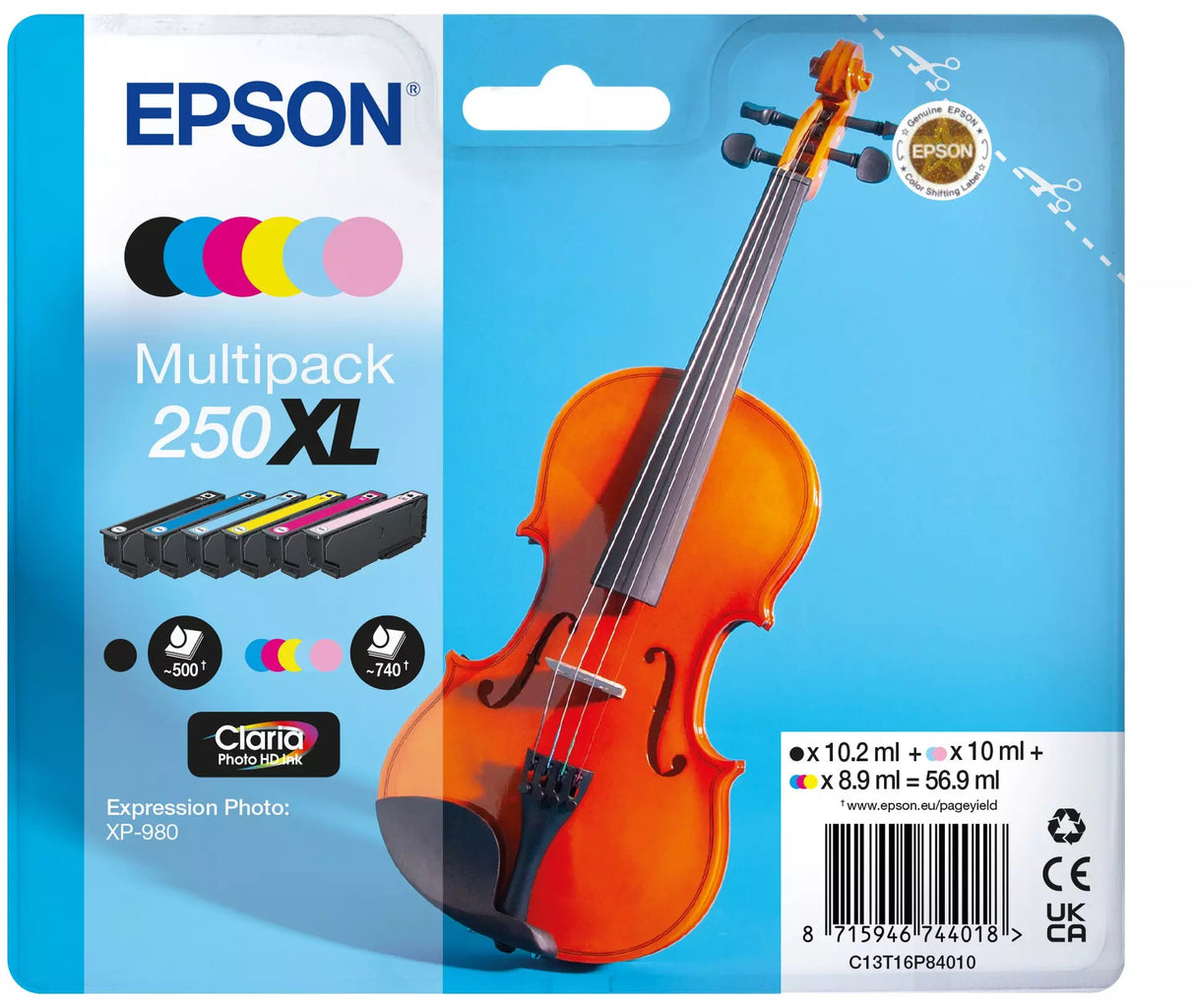 Epson 250XL Violin Black Cyan Magenta Yellow Light Cyan Light Magenta Ink Cartridge Combo Pack