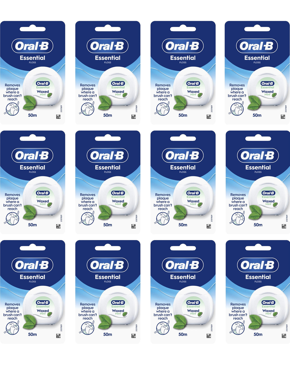 Oral-B Essential Floss Waxed, 50m - Mint - 12 Pack Bundle