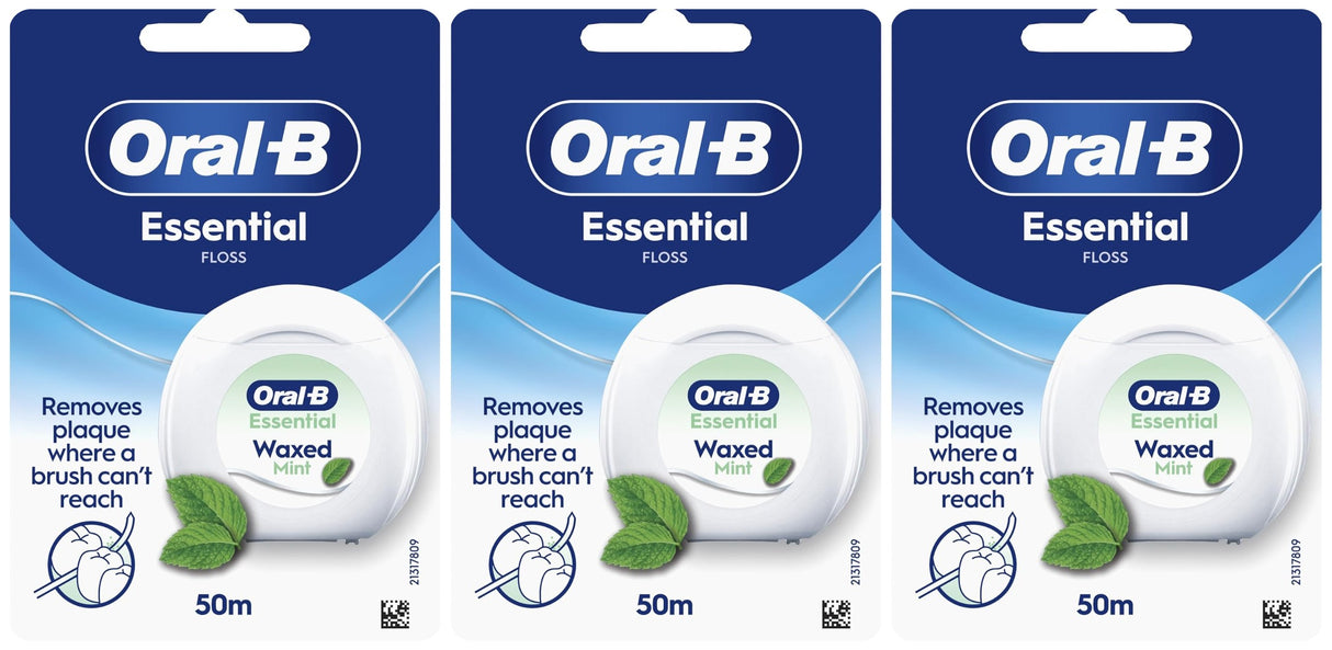 Oral-B Essential Floss Waxed, 50m - Mint - 3 Pack Bundle