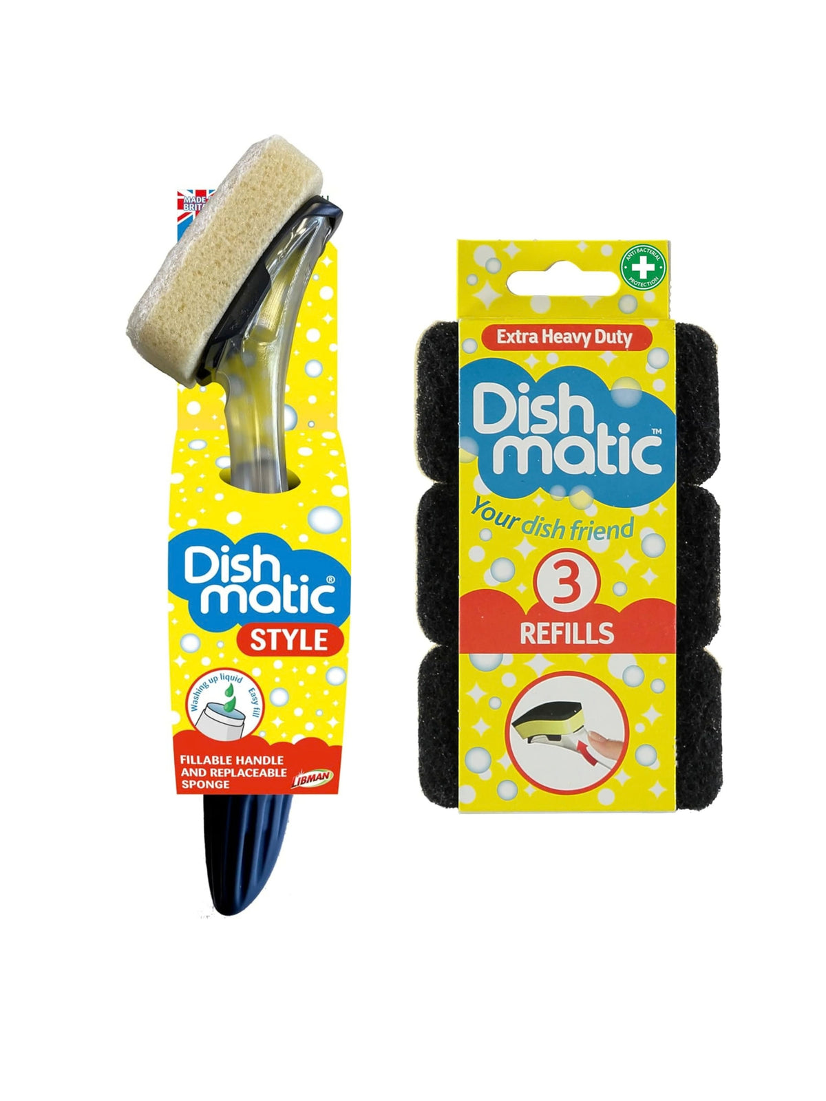 Dishmatic Sponge with Refillable Liquid Dispensing Handle & 3pk Extra Heavy-Duty Refill Sponges