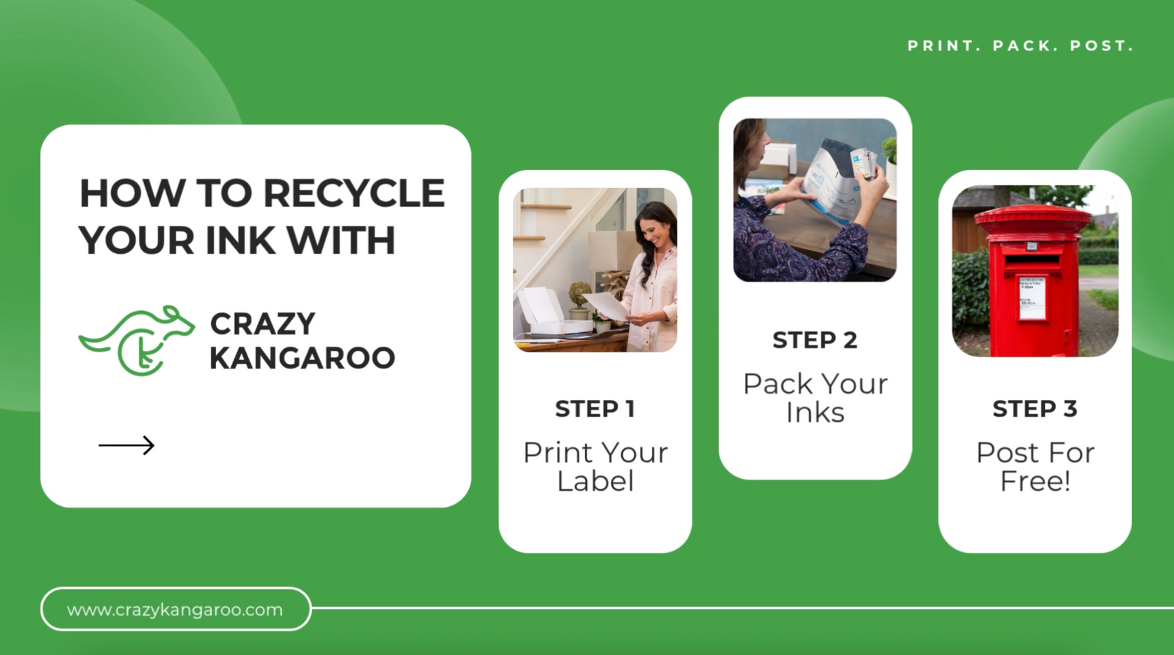 how to video explaining the three steps to recycle your ink for free with crazy kangaroo - print pack post