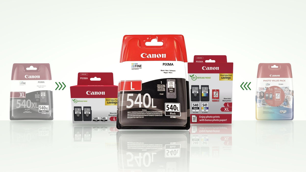 New Canon PG-540L black cartridge between the PG-540L twin pack and PG-540L + CL-541XL photo value pack, with the old PG-540XL packs faded either side