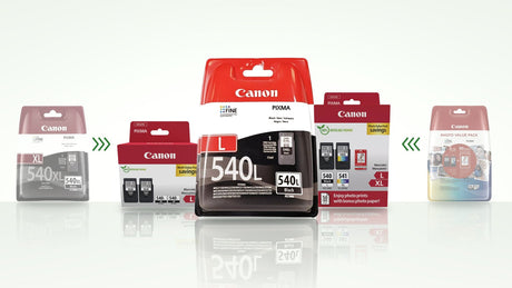 New Canon PG-540L black cartridge between the PG-540L twin pack and PG-540L + CL-541XL photo value pack, with the old PG-540XL packs faded either side