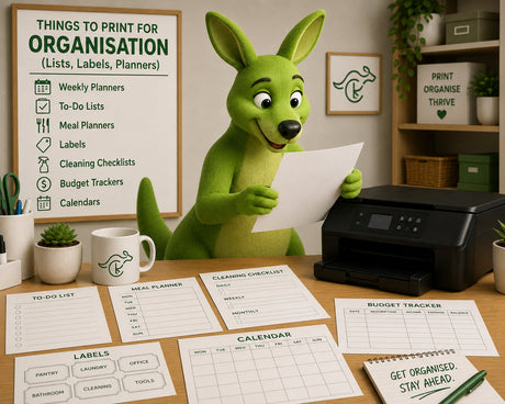 a kangaroo printing some organisation documents at home