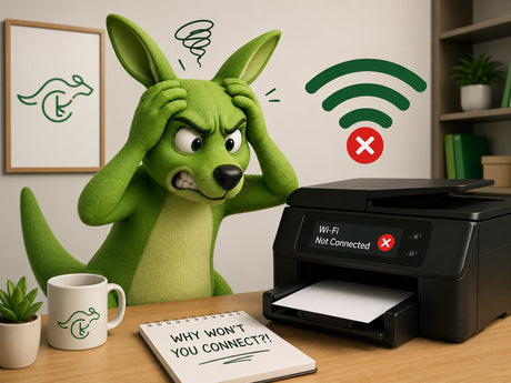 a frustrated kangaroo struggling with printer wifi connection