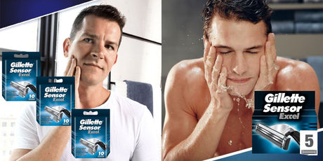 Gillette Sensor Excel razor blade refill packs alongside a man checking his clean shave