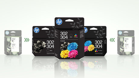 New HP 302/304 black, colour and 2-pack ink cartridges, with the old HP 302 and HP 304 packs either side