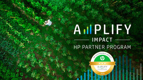 HP Amplify Impact Partner Program 3-star badge over an aerial view of green farmland