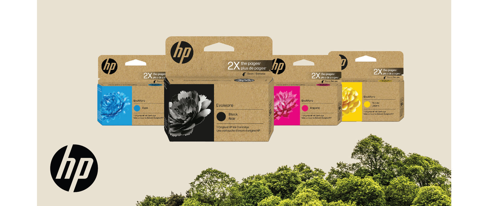 HP EvoMore ink cartridges alongside the HP logo and some lush green forestry