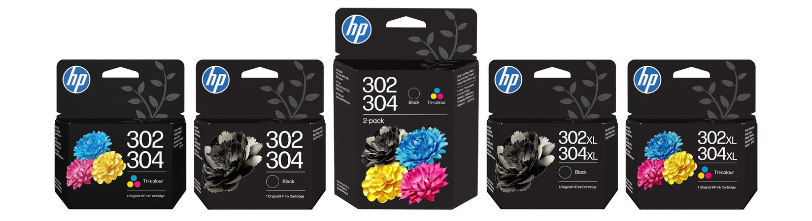 HP 302, 304, and XL ink cartridge boxes shown side by side