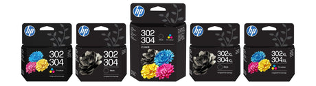HP 302, 304, and XL ink cartridge boxes shown side by side