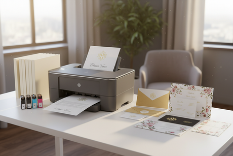 a printer with ink and printouts