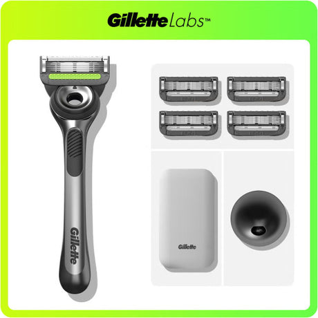 Gillette Labs Razor with Exfoliating Bar – Magnetic Stand, Travel Case and 4 Blade Refills