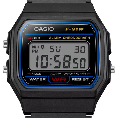 Casio F-91W Digital Watch Black Resin Strap Alarm Stopwatch LED - F-91W-1YER