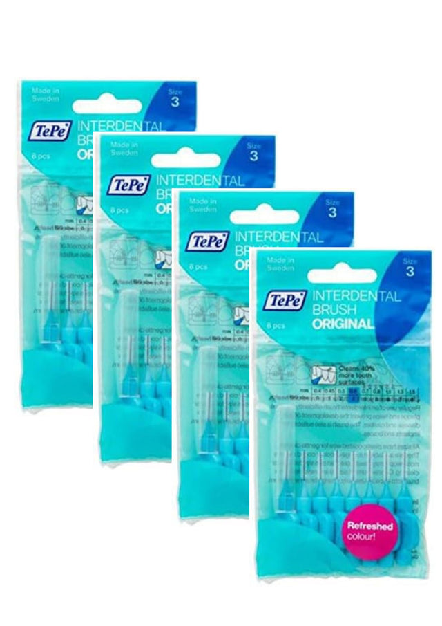 TePe Blue Regular 0.6mm 4 Packets of 8 - (32 Brushes) Bundle