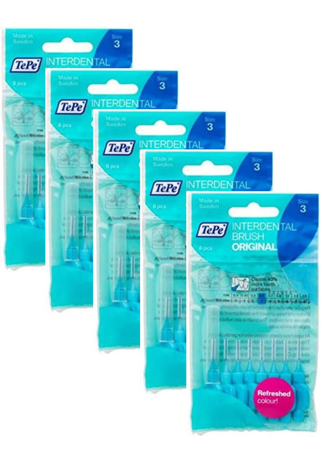 TePe Blue Regular 0.6mm 5 Packets of 8 - (40 Brushes) Bundle