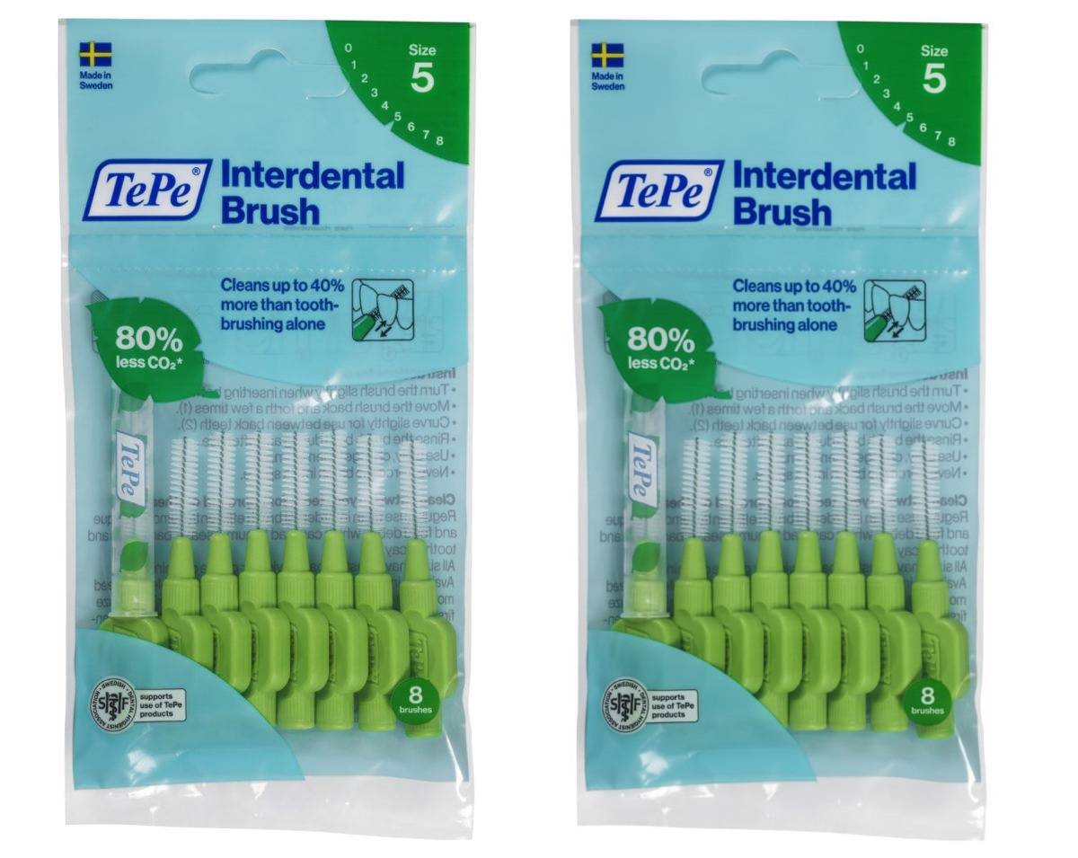 TePe Green Medium 0.80mm 2 Packets of 8 - (16 Brushes) Bundle