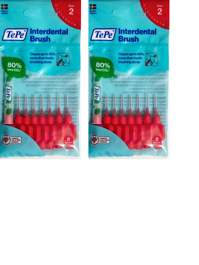 TePe Red Fine 0.50mm - 2 Packets of 8 - (16 Brushes) Bundle