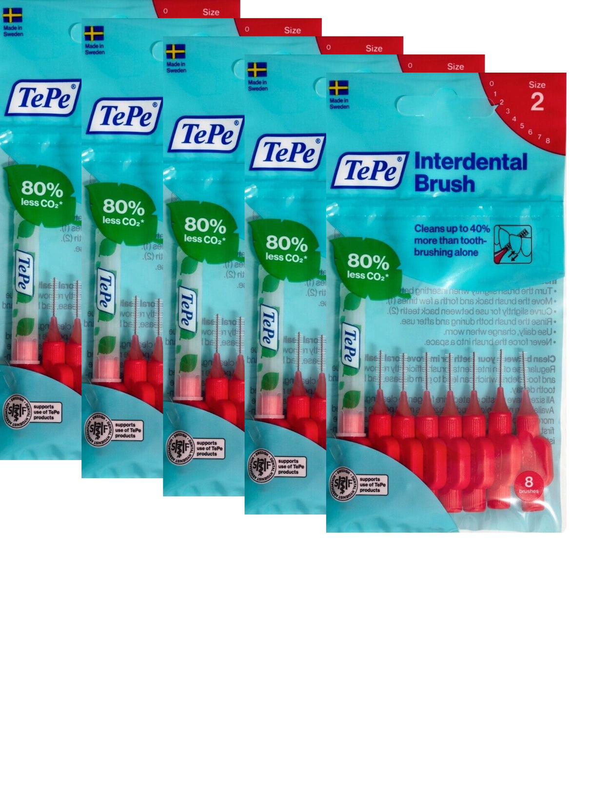 TePe Red Fine 0.50mm - 5 Packets of 8 - (40 Brushes) Bundle