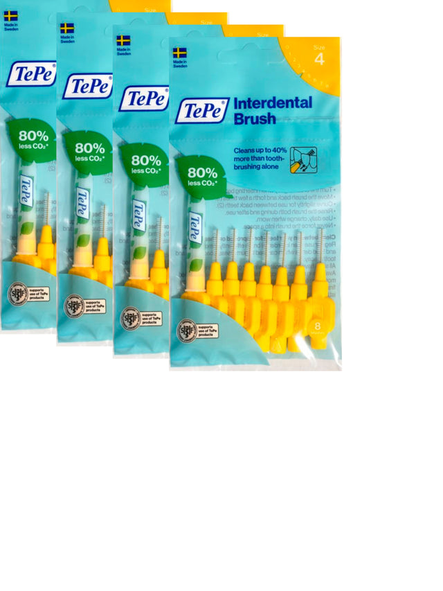 TePe Yellow Fine 0.70mm - 4 Packets of 8 - (32 Brushes) Bundle