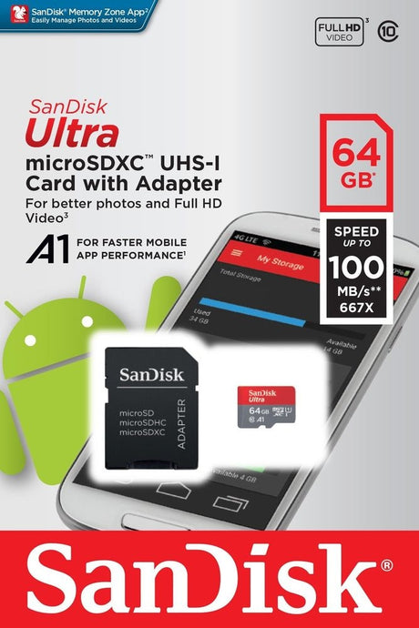 SanDisk Ultra 64GB microSDXC Memory Card + SD Adapter with A1 App Performance up to 100MB/s Class 10 U1