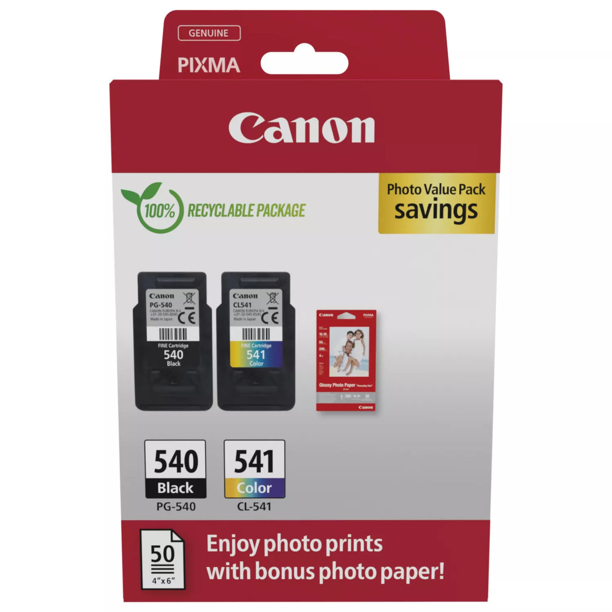 Canon PG-540 Black & CL-541 Colour Ink Cartridge Photo Paper Value Combo Pack - 5225B013