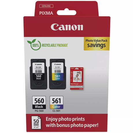 Canon PG-560 Black & CL-561 Colour Ink Cartridge Photo Paper Value Combo Pack - 3713C008