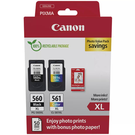 Canon PG-560XL Black and CL-561XL Colour Ink Cartridge Photo Paper Value Combo Pack - 3712C008