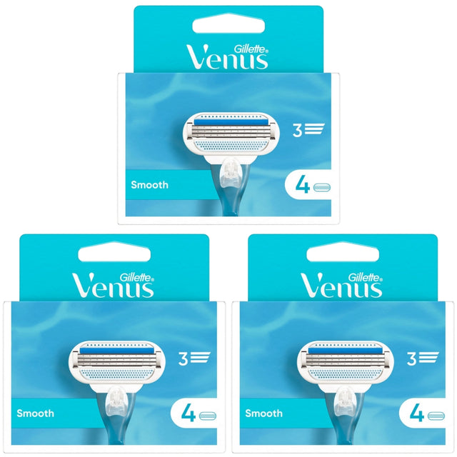 Gillette Venus Smooth Razor Blades - 12 Piece Bundle (3 Packs of 4)