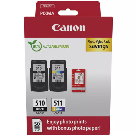 Canon PG-510 Black & CL-511 Colour Ink Cartridge Photo Paper Value Combo Pack - 2970B017